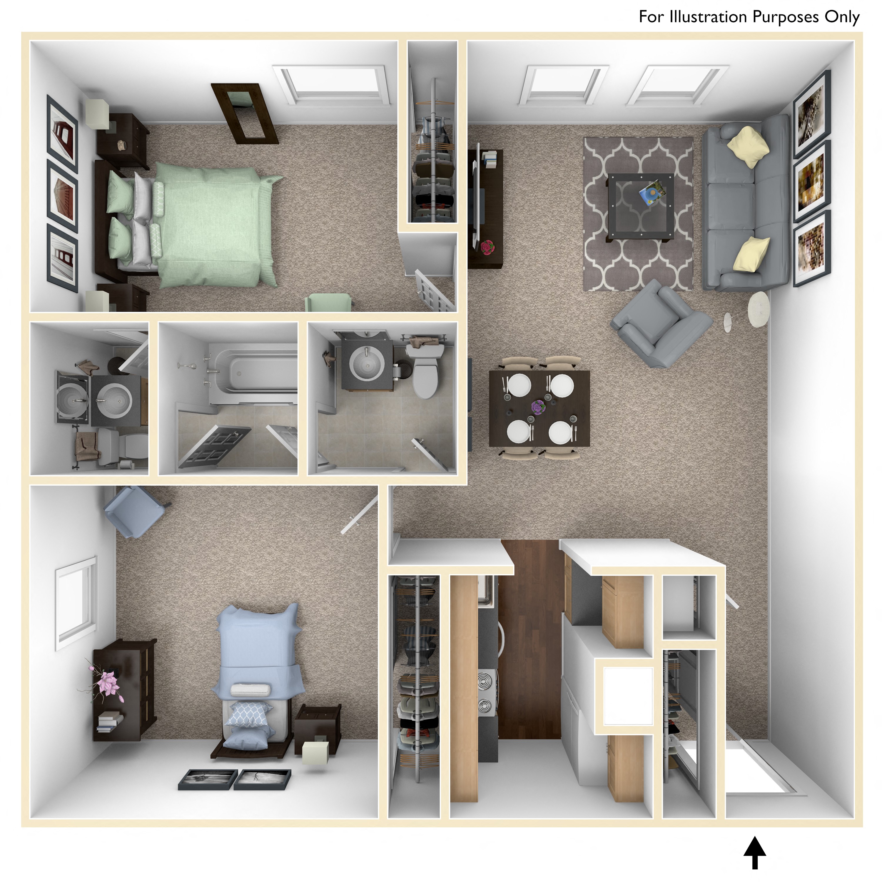 Floor plan for 2 beds, 1.5 baths, 965 sqft
